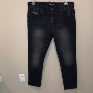 Indigo Wisdom Denim Men's Black Medium Wash 5 Pocket Distressed Jeans-34X30.